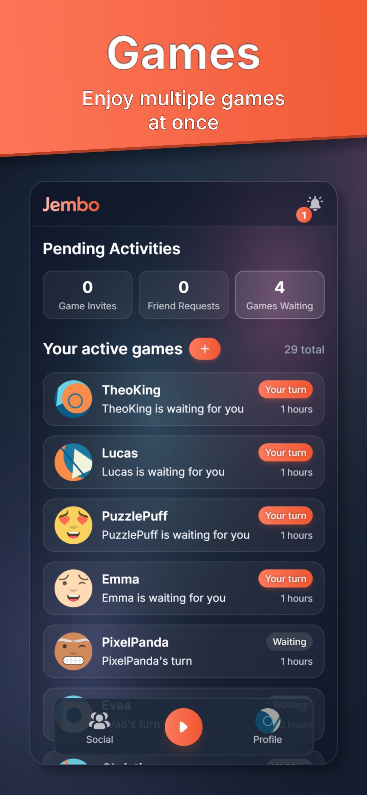 Jembo home screen showing a list of active games