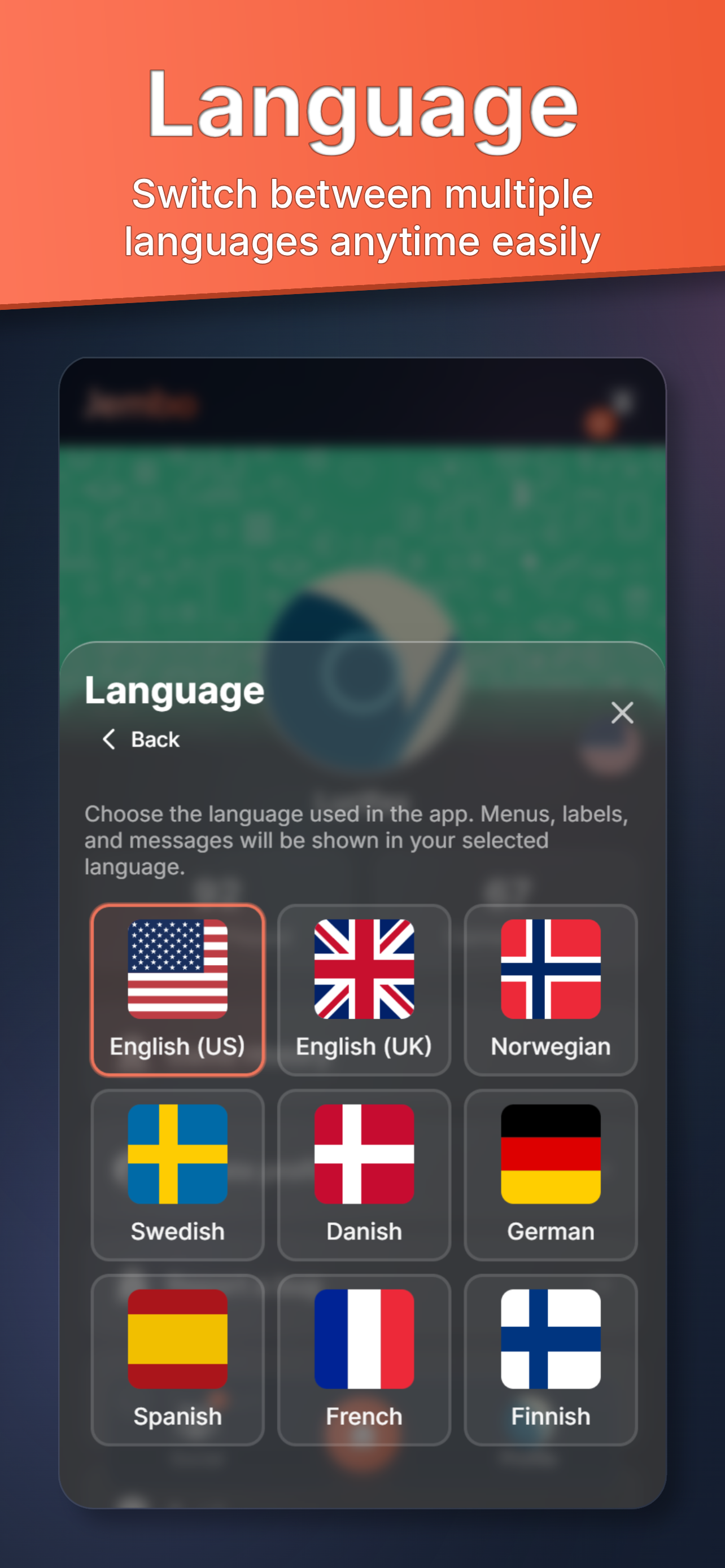 Jembo language selection screen